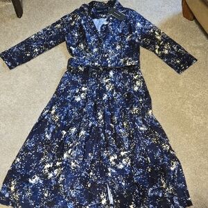 Samantha Sung Chic Blue and White Patterned Dress